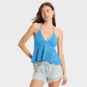Wild Fable Vibrant Blue Crochet Women's Openwork Peplum Halter Pullover Sweater